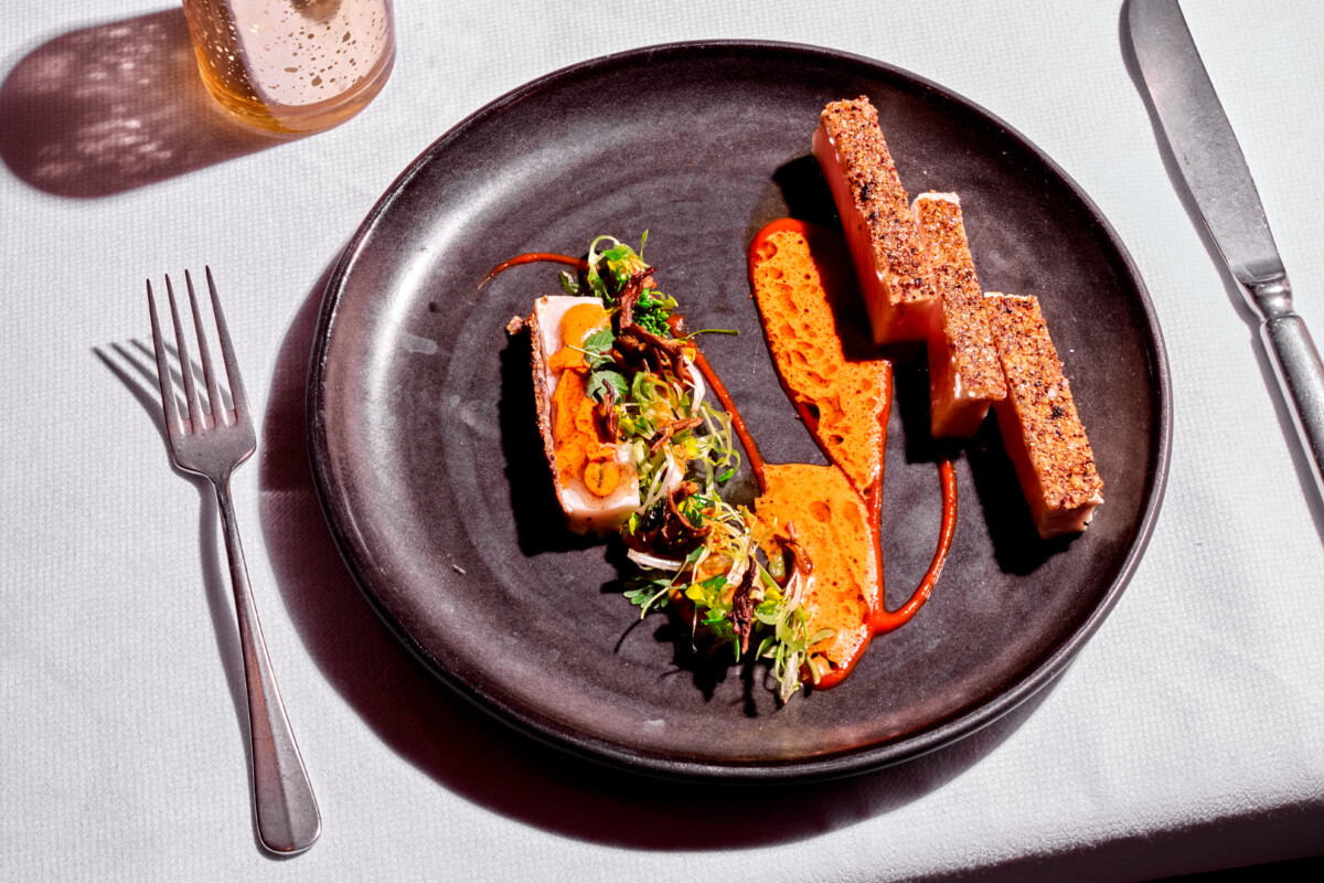 Hiramasa-amberjack-is-plated-with-fiery-red-pepper-au-poivre-Georgie-1200x800